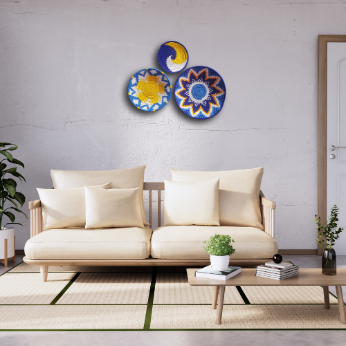 Set de Decoración Boho – Tapices Tejidos a Mano en Azul y Amarillo