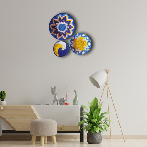 Set de Decoración Boho – Tapices Tejidos a Mano en Azul y Amarillo