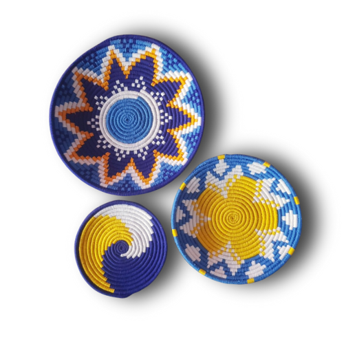 Set de Decoración Boho – Tapices Tejidos a Mano en Azul y Amarillo
