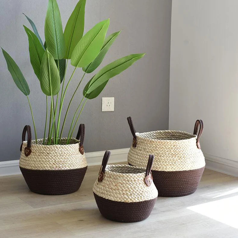 Cesta de Bambú y Algas Marinas – Estilo Nórdico para Plantas, Ropa o Almacenaje Multiusos