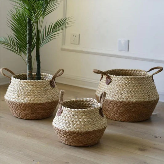 Cesta de Bambú y Algas Marinas – Estilo Nórdico para Plantas, Ropa o Almacenaje Multiusos