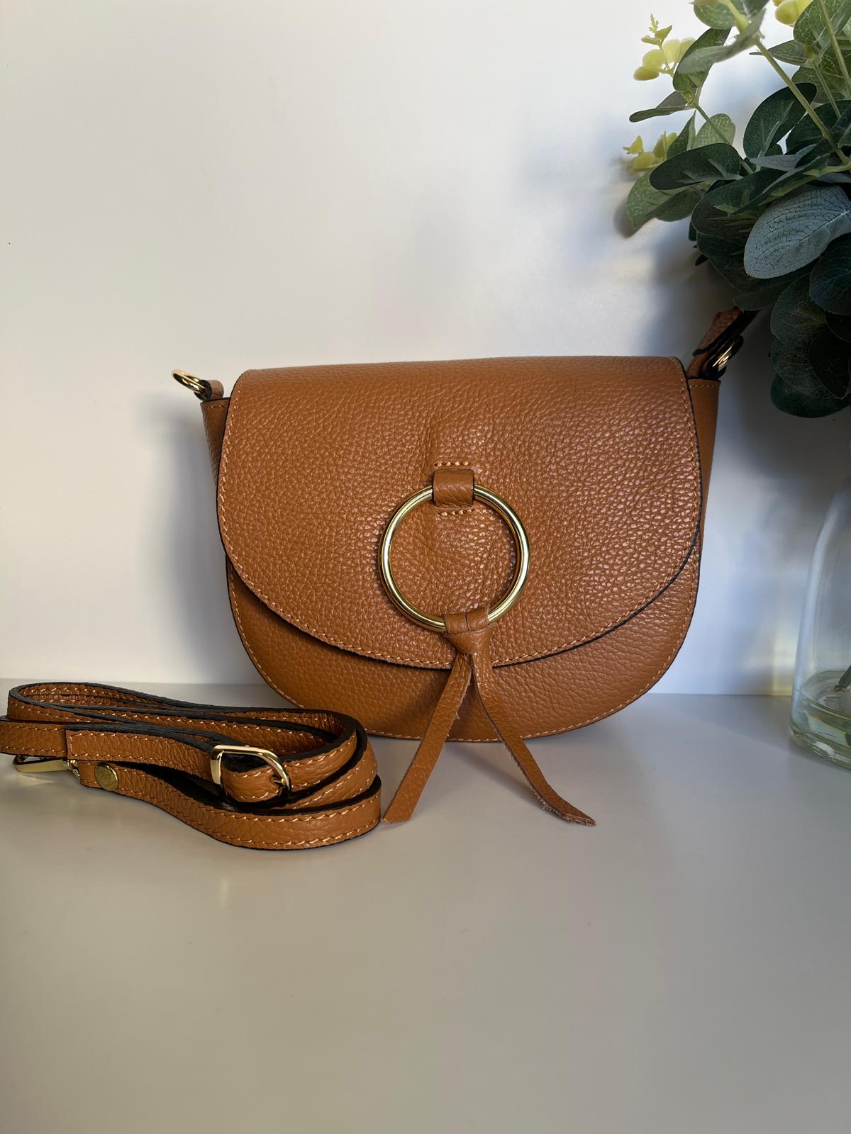 Leather Shoulder Bag with Double Pocket - Nude