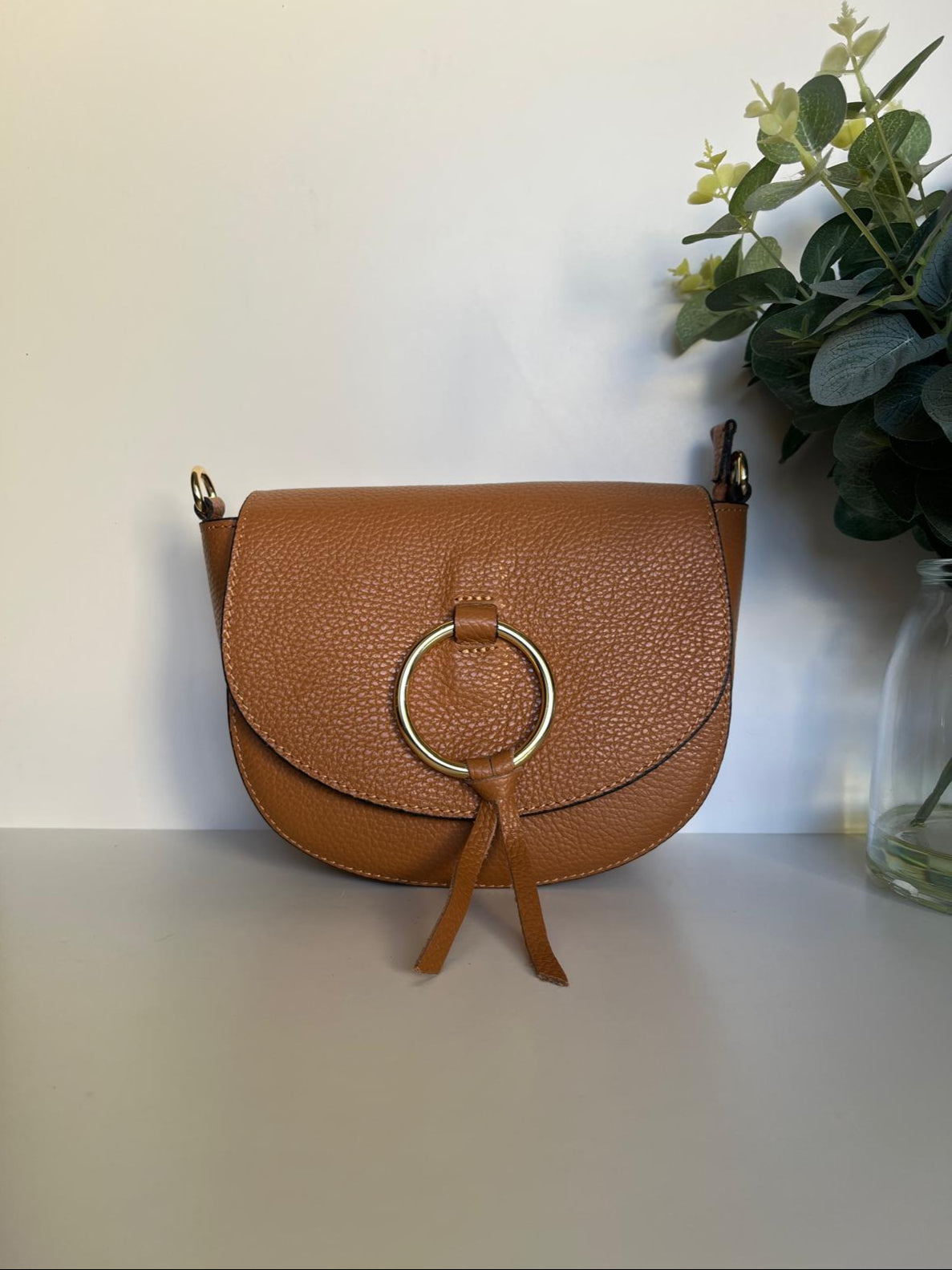 Leather Shoulder Bag with Double Pocket - Nude