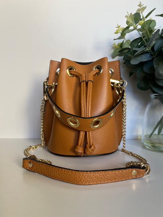 Leather Shoulder Bag with Double Pocket - Nude