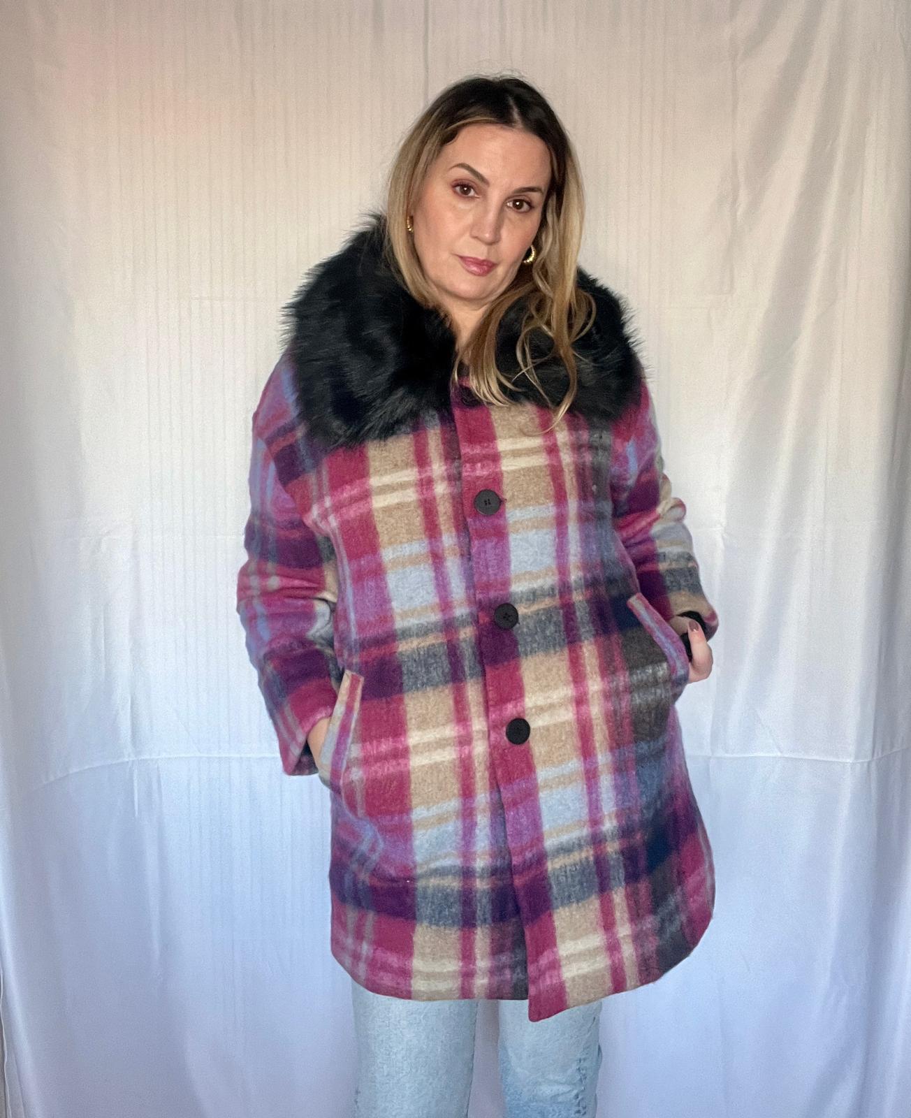 Oversize Checked Wool Pea Coat Pink