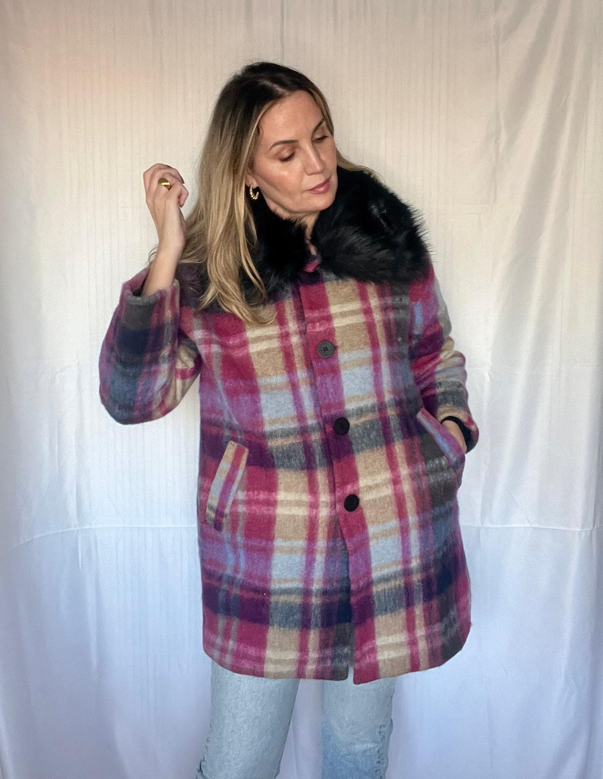 Oversize Checked Wool Pea Coat Pink