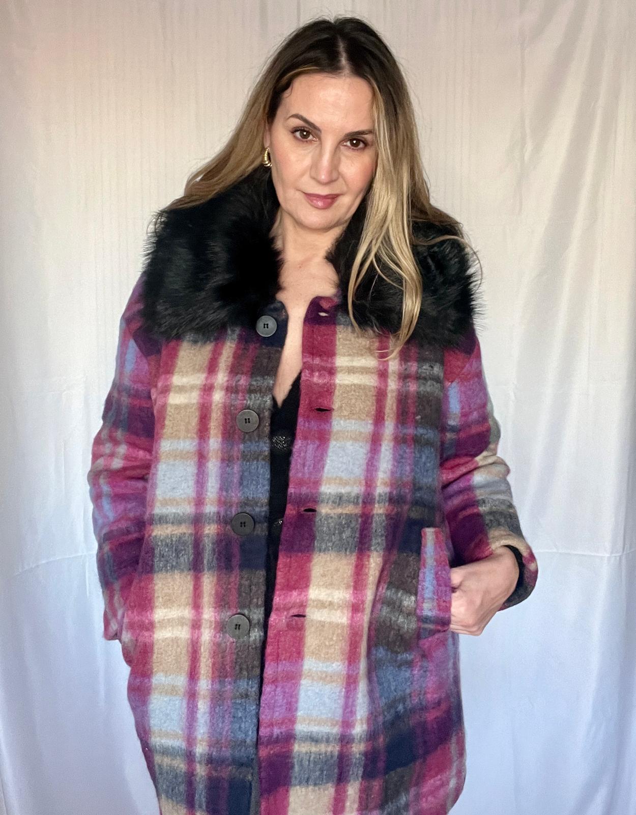 Oversize Checked Wool Pea Coat Pink