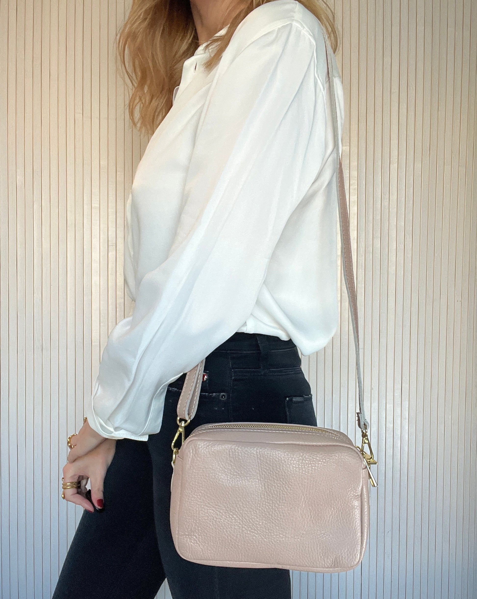 Bolso Bandolera Piel con Doble Bolsillo - Nude-Pepa Comanechi-Bolsos,Bolsos de piel