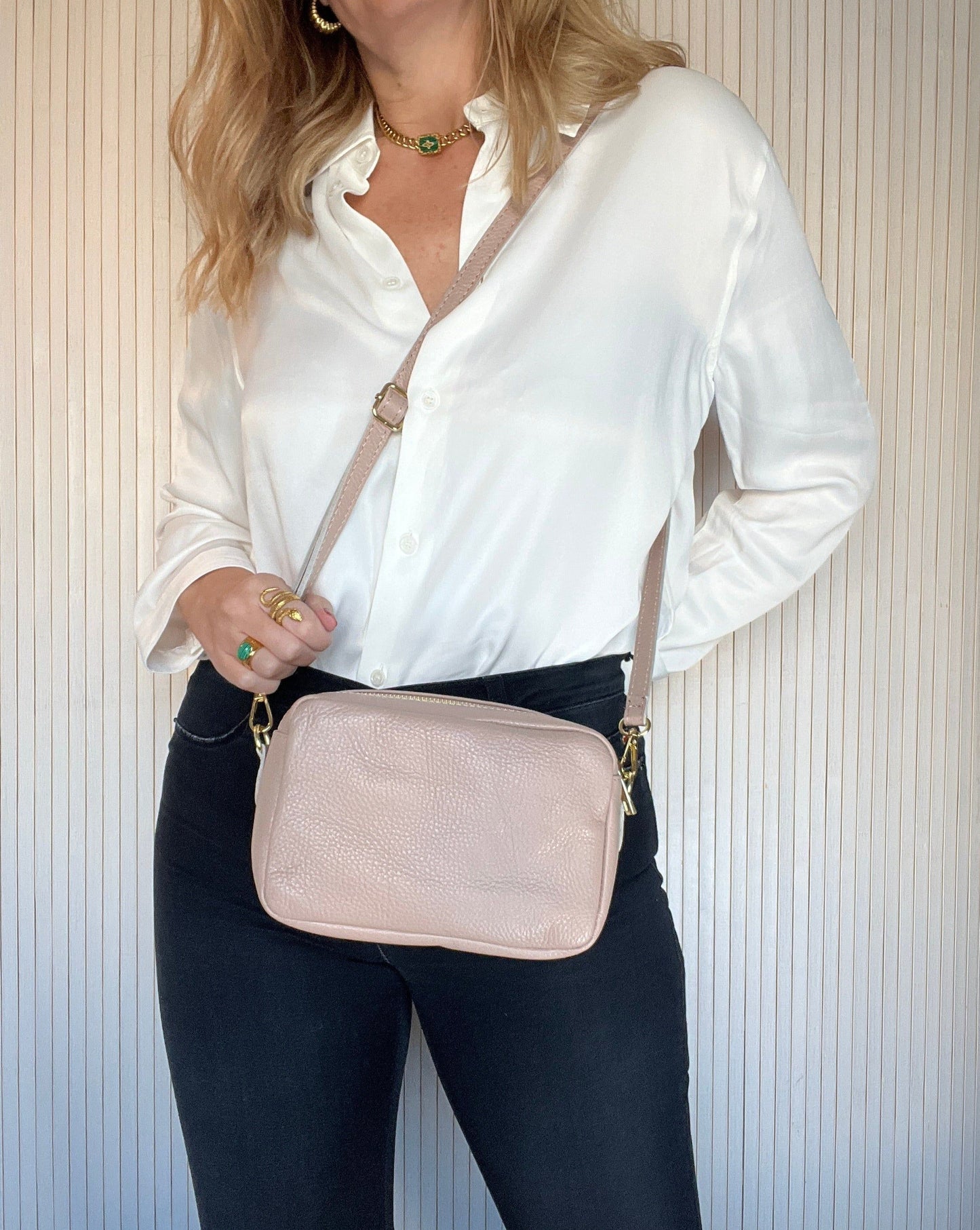 Bolso Bandolera Piel con Doble Bolsillo - Nude-Pepa Comanechi-Bolsos,Bolsos de piel