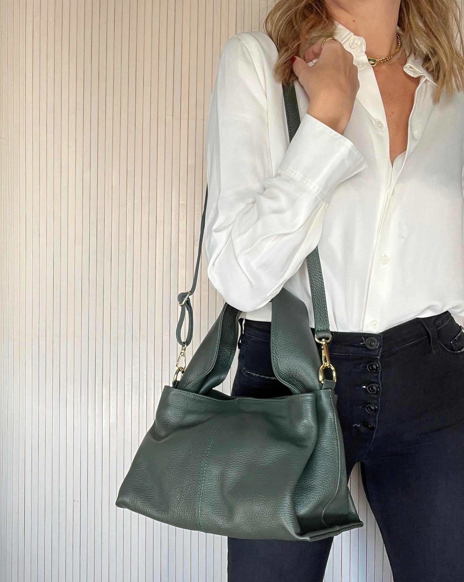 Bolso De Piel Con Asa Gruesa Y Tira Bandolera - Verde Oscuro-Pepa Comanechi-Bolsos,Bolsos de piel