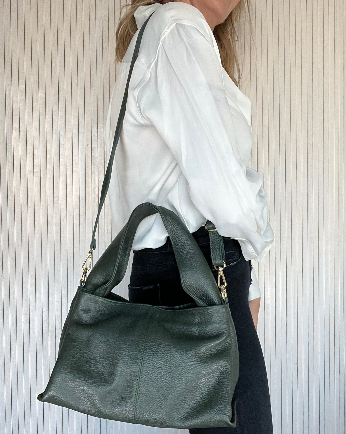 Bolso De Piel Con Asa Gruesa Y Tira Bandolera - Verde Oscuro-Pepa Comanechi-Bolsos,Bolsos de piel