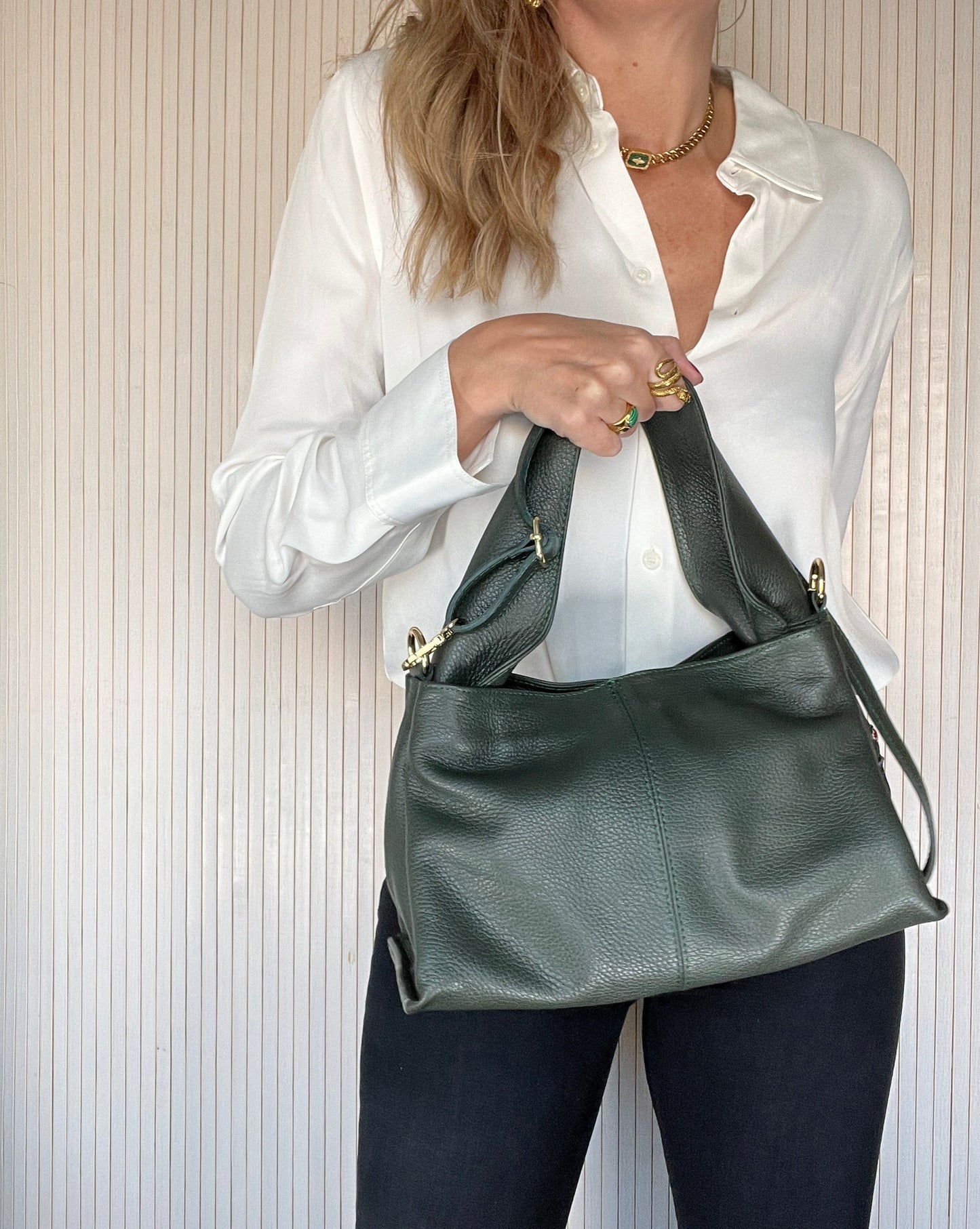 Bolso De Piel Con Asa Gruesa Y Tira Bandolera - Verde Oscuro-Pepa Comanechi-Bolsos,Bolsos de piel