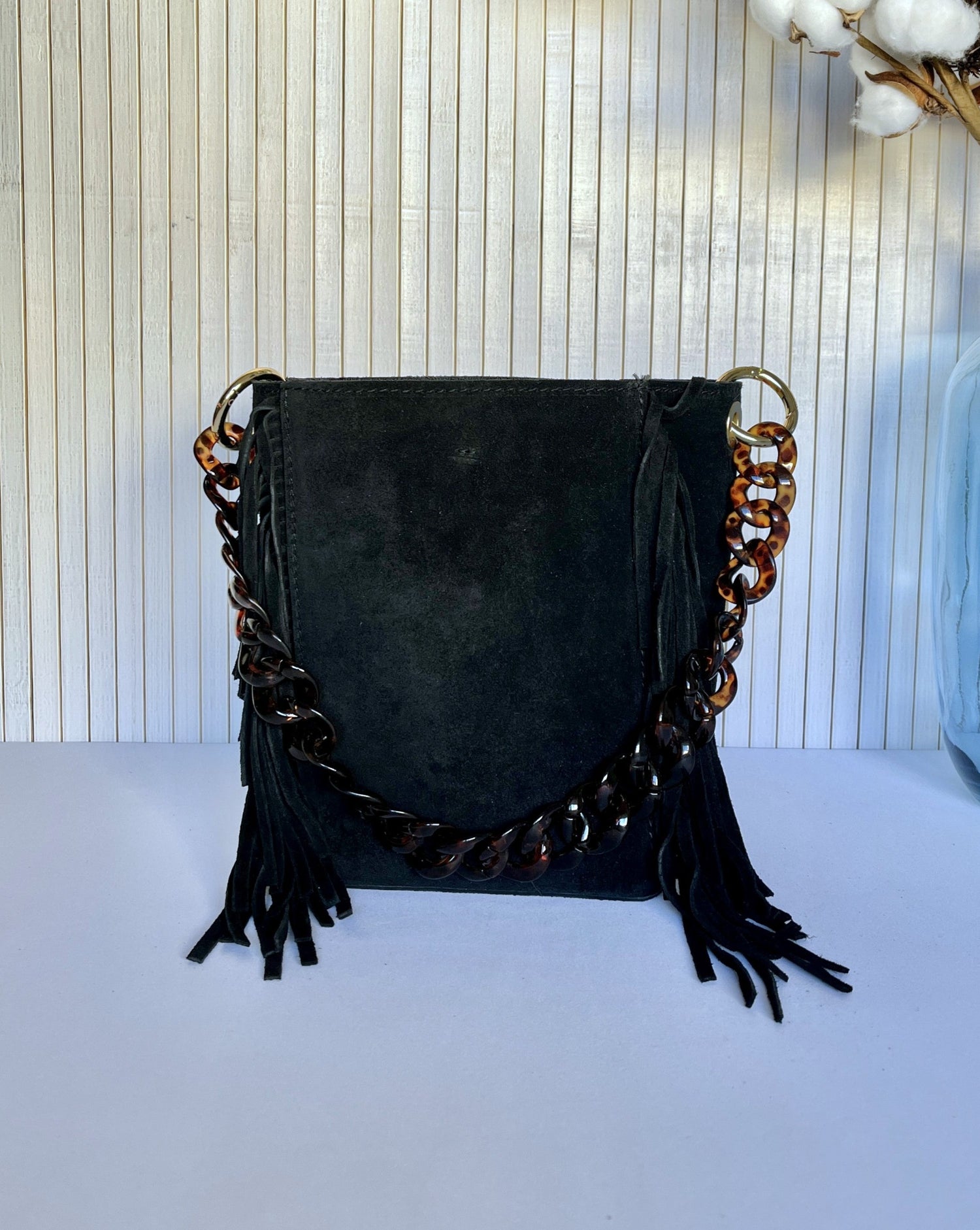 Bolso De Mano En Piel De Serraje Flecos y Bolsito Interior - Negro-Pepa Comanechi-Bolsos,Bolsos de piel