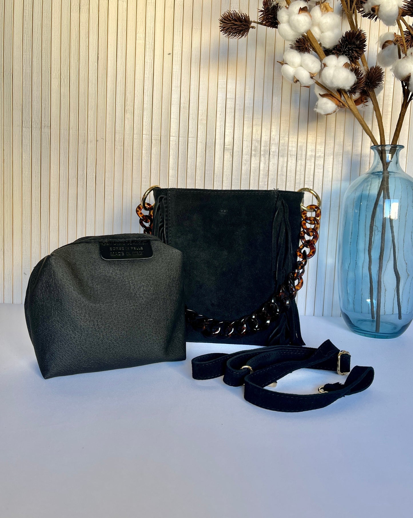 Bolso De Mano En Piel De Serraje Flecos y Bolsito Interior - Negro-Pepa Comanechi-Bolsos,Bolsos de piel