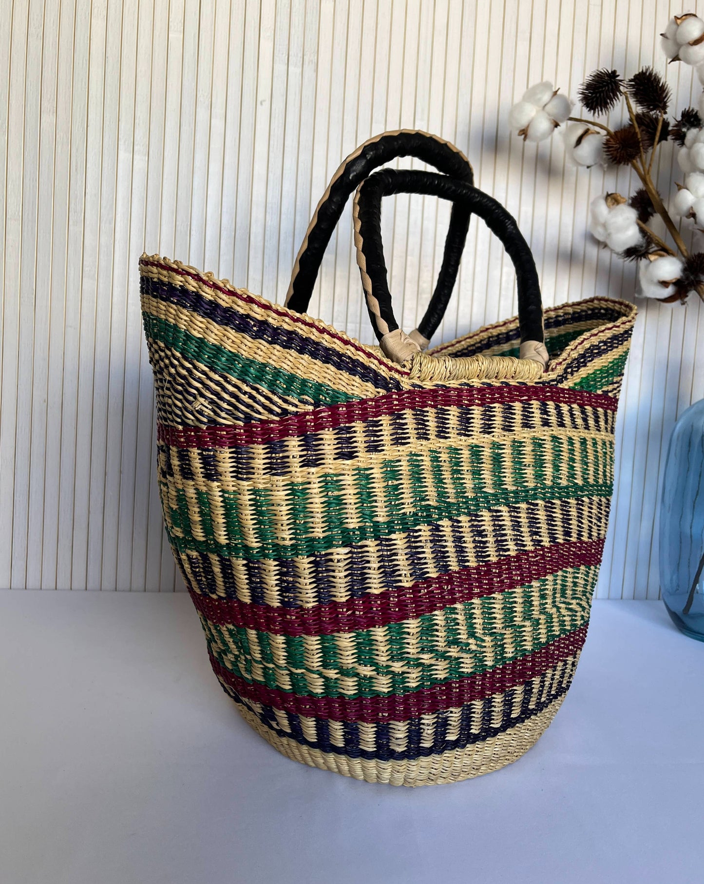 Large Ghanaian Handmade Basket with DIY Leather Handles - Multicolor 