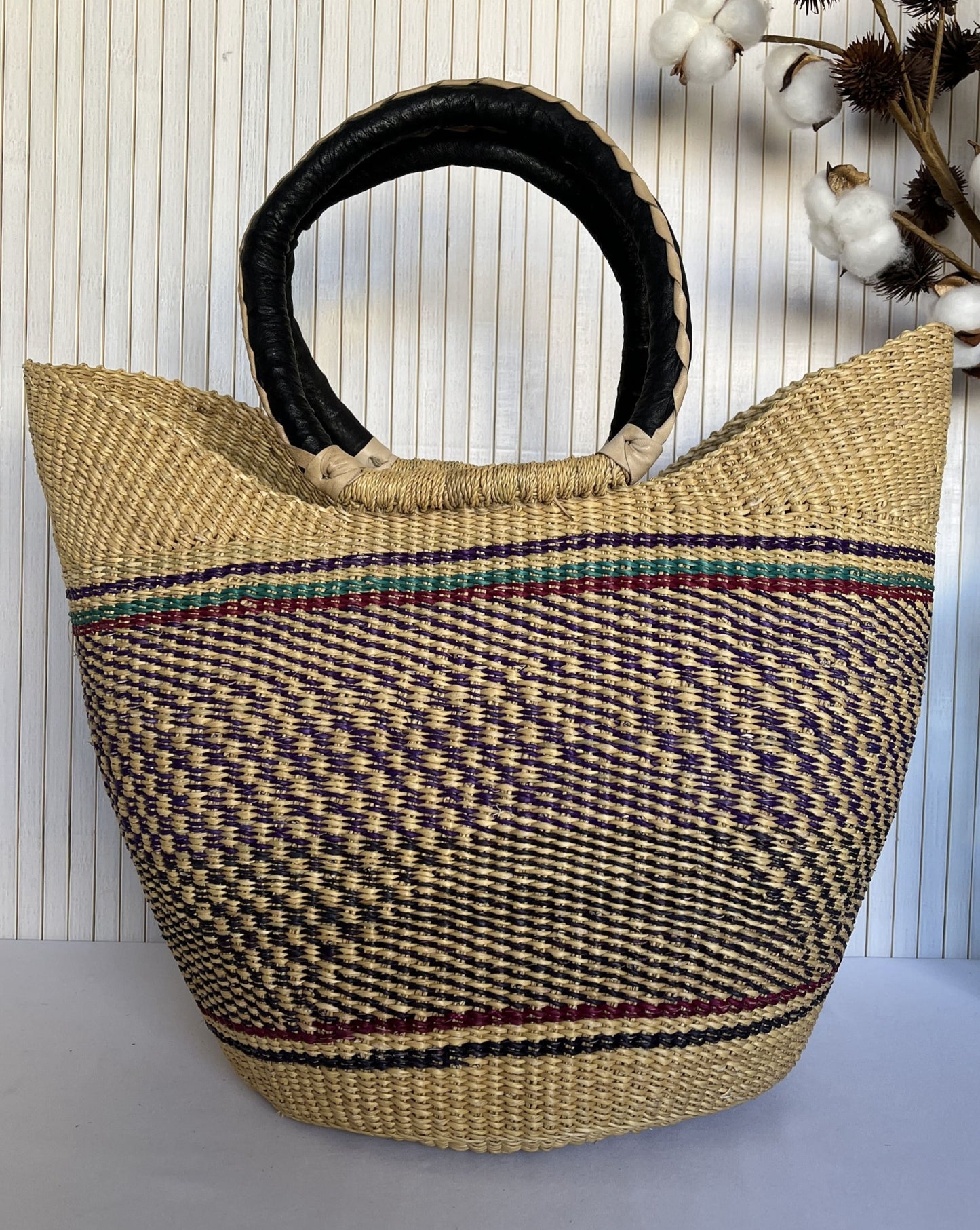 Large Ghanaian Handmade Basket with DIY Leather Handles - Natural 