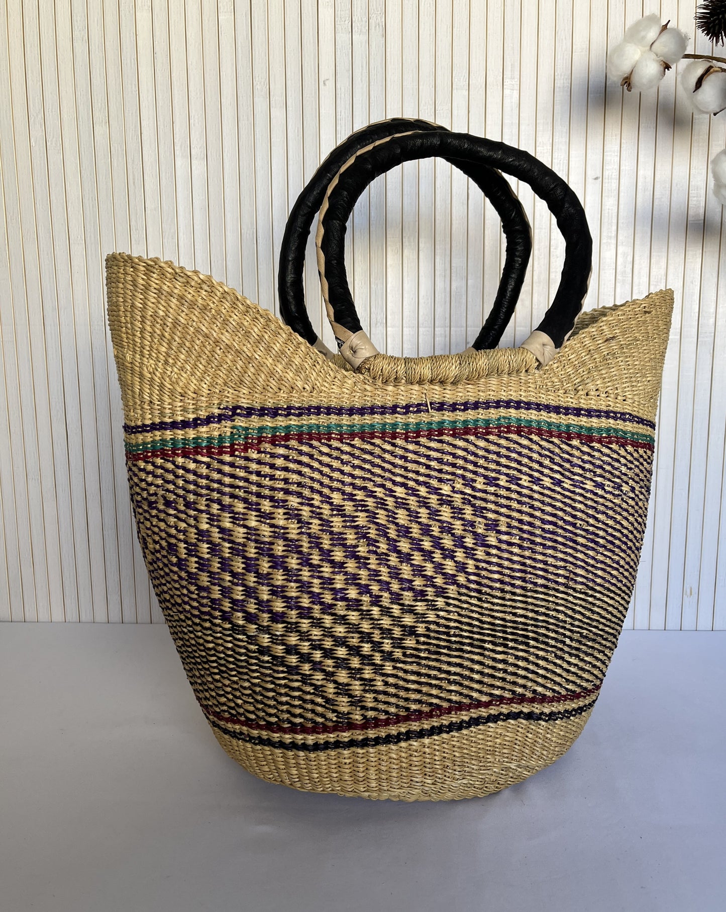 Large Ghanaian Handmade Basket with DIY Leather Handles - Natural 