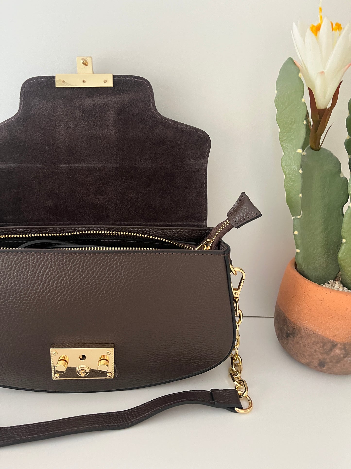 Bolso de Hombro de Piel con Solapa - Marrón Chocolate