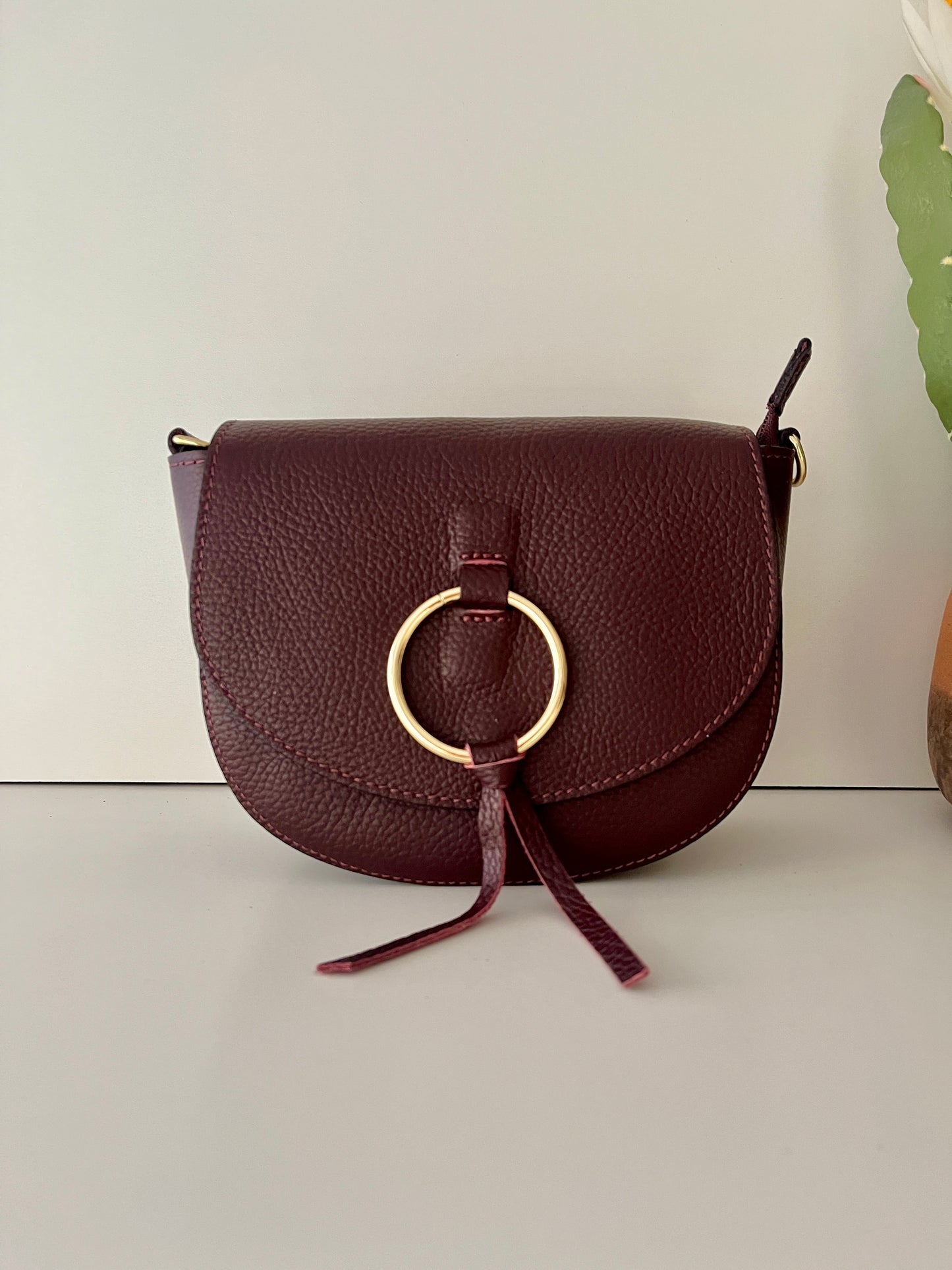 Bandolera Solapa Piel Aro - Burdeos