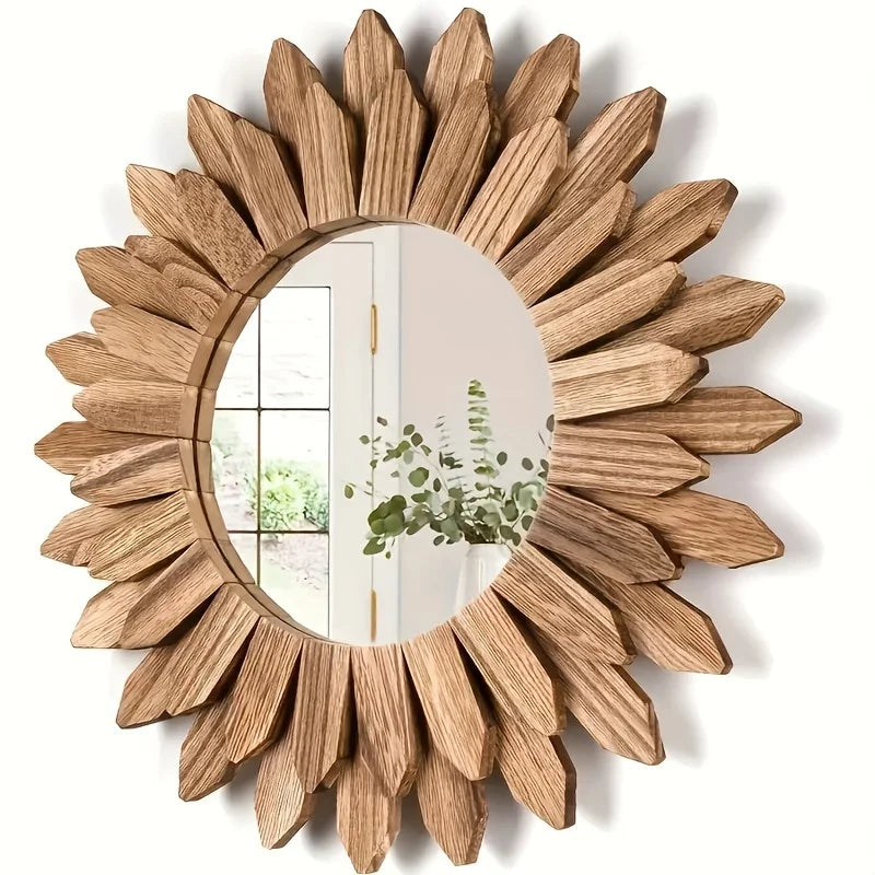 Espejo Redondo de Madera para Pared – Estilo Bohemio con Diseño de Flor de Girasol (Decorativo y Funcional)