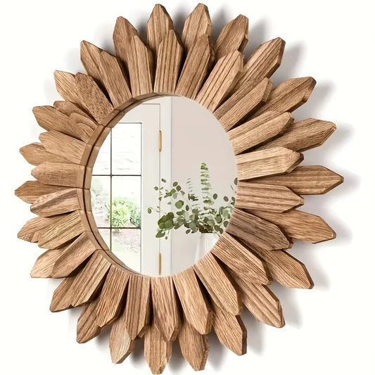 Espejo Redondo de Madera para Pared – Estilo Bohemio con Diseño de Flor de Girasol (Decorativo y Funcional)