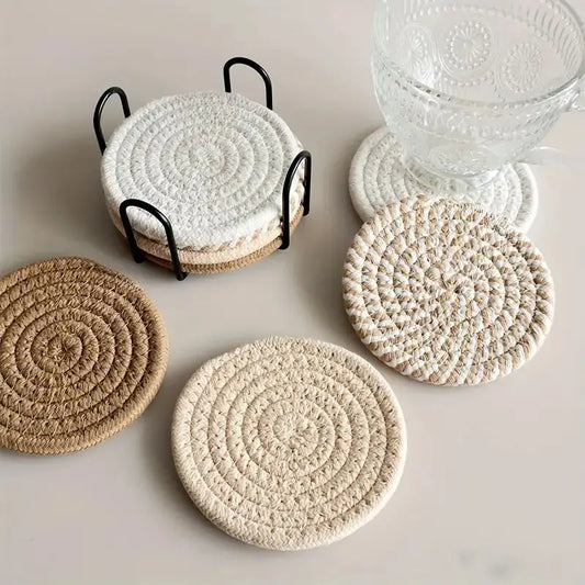 Set de 8 Posavasos de Algodón – Tejido Boho Absorbente para Mesa de Café (Estilo Minimalista y Cuqui)
