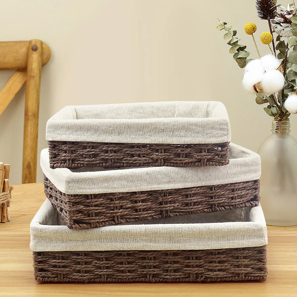 Set de 3 Cestas de Ratán Tejido – Hechas a Mano con Detalles en Tela para Almacenaje de Cosméticos, Joyas o Ropa
