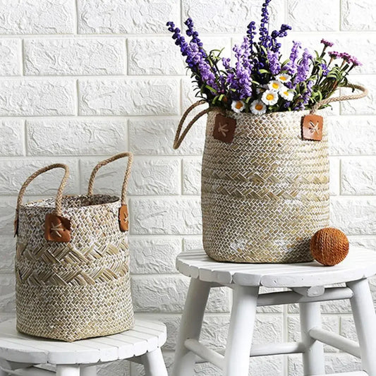 Set de 2 cestas de Ratán con Asa – Florero Rústico Tejido a Mano para Lavanda o Decoración (Estilo Rural)