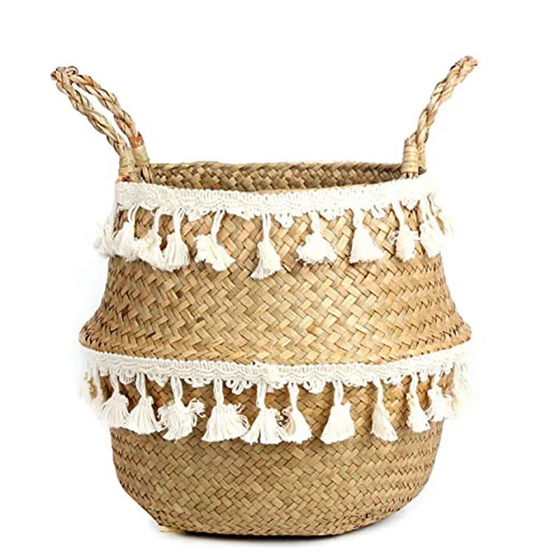 Cesta Asas de Fibras Naturales – Tejida a Mano y Plegable, Estilo Boho Nórdico Multiusos