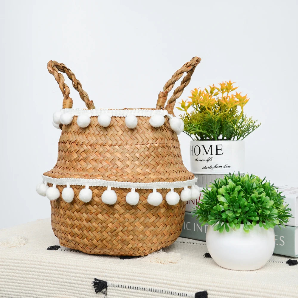 Cesta Asas de Fibras Naturales – Tejida a Mano y Plegable, Estilo Boho Nórdico Multiusos