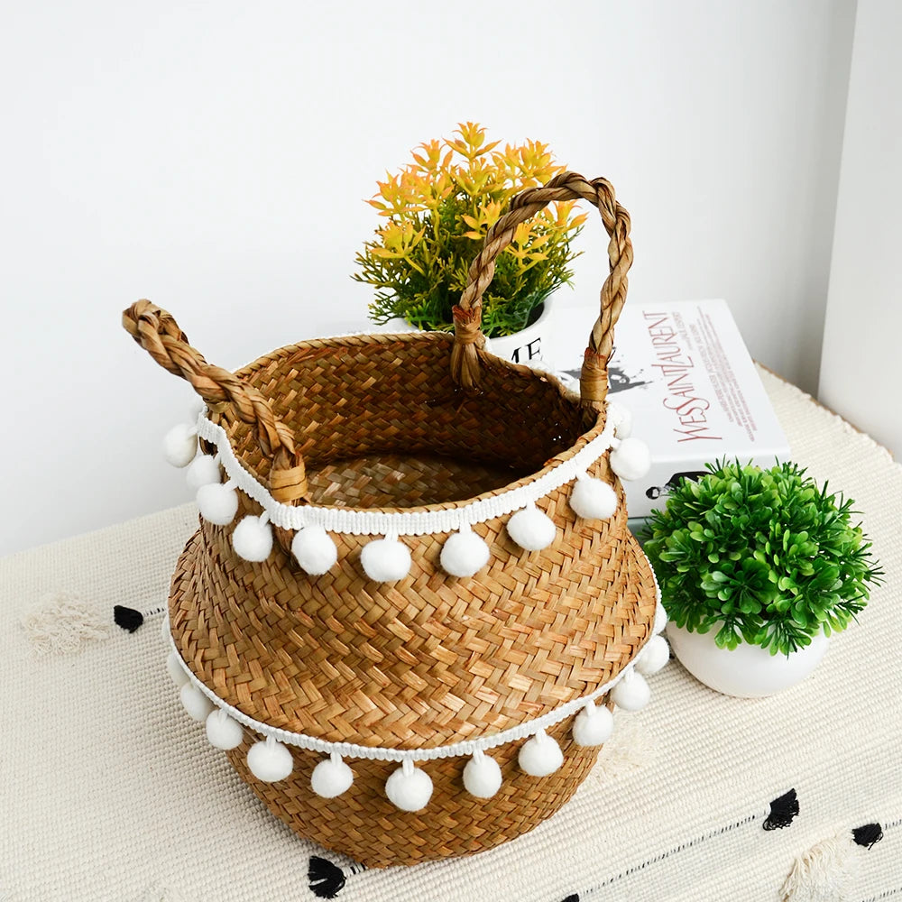 Cesta Asas de Fibras Naturales – Tejida a Mano y Plegable, Estilo Boho Nórdico Multiusos