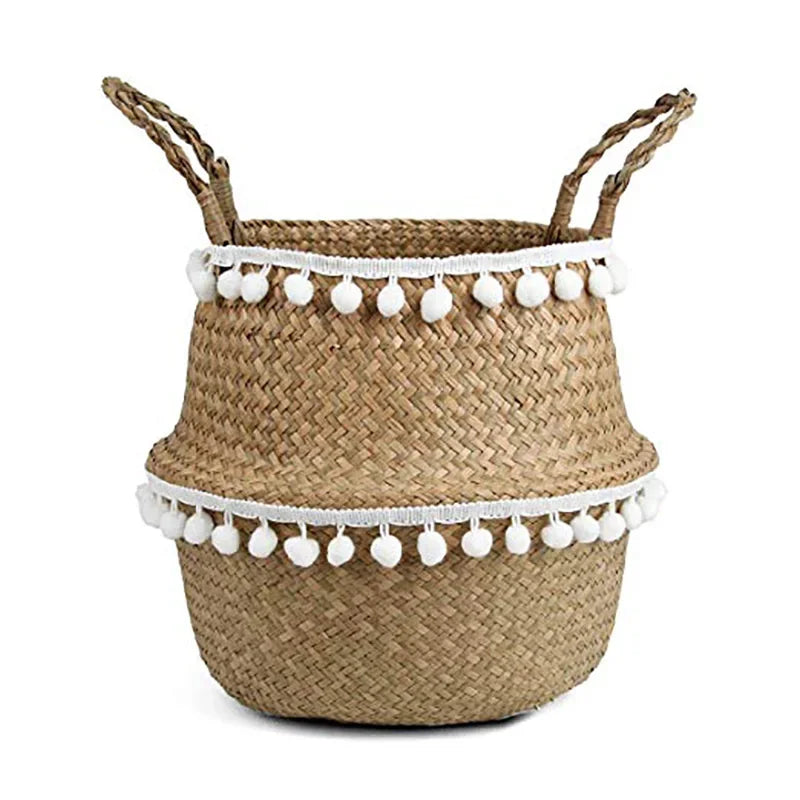 Cesta Asas de Fibras Naturales – Tejida a Mano y Plegable, Estilo Boho Nórdico Multiusos
