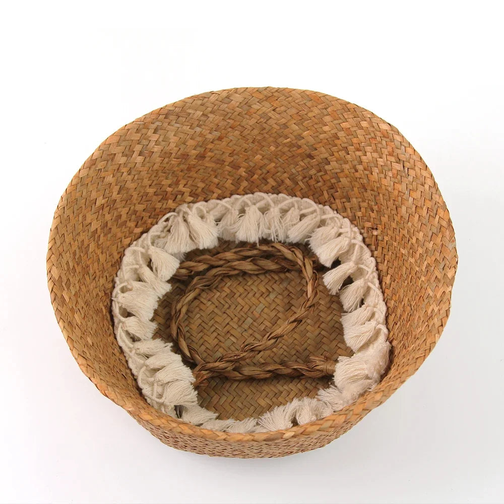 Cesta Asas de Fibras Naturales – Tejida a Mano y Plegable, Estilo Boho Nórdico Multiusos