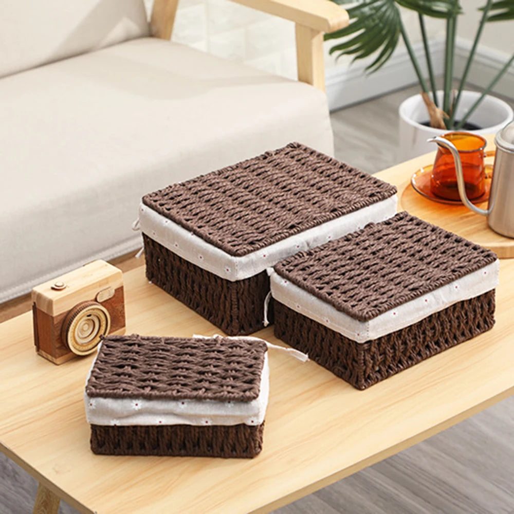 Set de 3 Cestas de Ratán Tejido – Hechas a Mano con Detalles en Tela para Almacenaje de Cosméticos, Joyas o Ropa