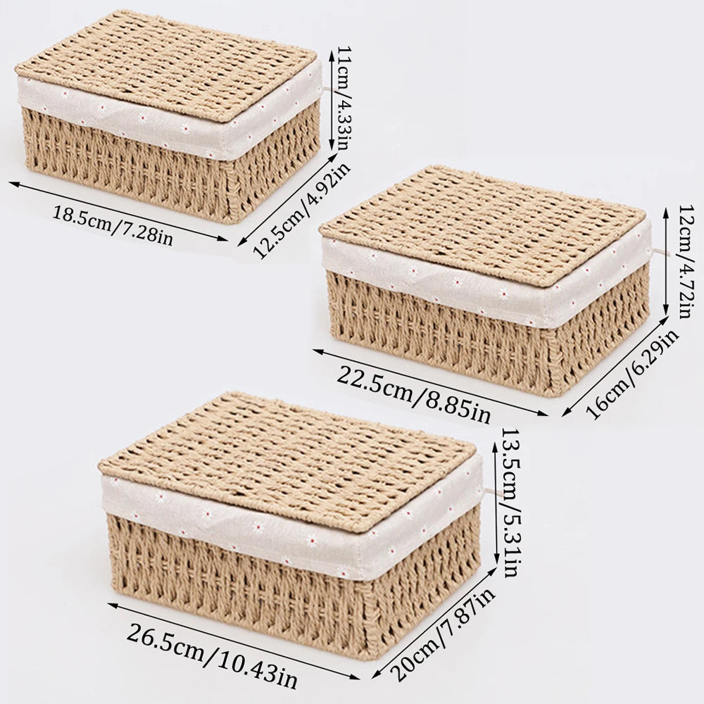 Set de 3 Cestas de Ratán Tejido – Hechas a Mano con Detalles en Tela para Almacenaje de Cosméticos, Joyas o Ropa
