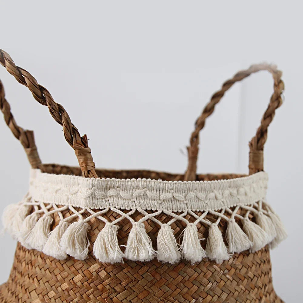 Cesta Asas de Fibras Naturales – Tejida a Mano y Plegable, Estilo Boho Nórdico Multiusos