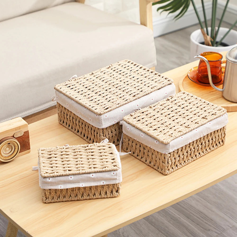 Set de 3 Cestas de Ratán Tejido – Hechas a Mano con Detalles en Tela para Almacenaje de Cosméticos, Joyas o Ropa