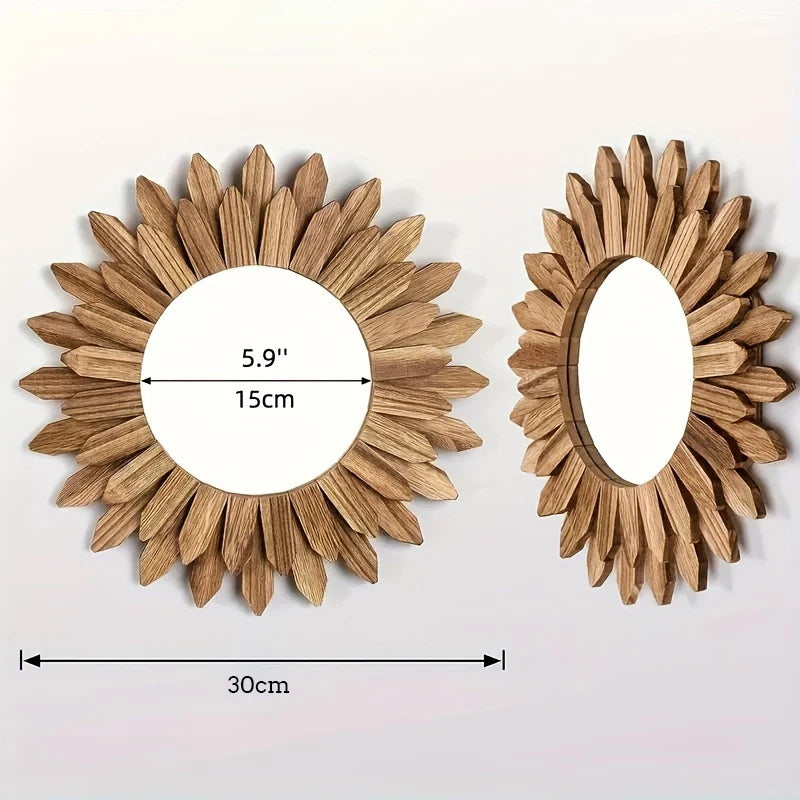 Espejo Redondo de Madera para Pared – Estilo Bohemio con Diseño de Flor de Girasol (Decorativo y Funcional)
