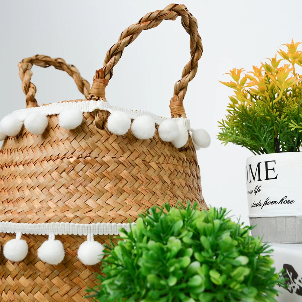Cesta Asas de Fibras Naturales – Tejida a Mano y Plegable, Estilo Boho Nórdico Multiusos