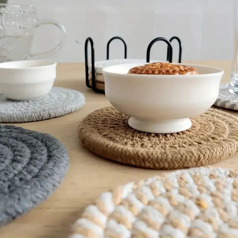 Set de 8 Posavasos de Algodón – Tejido Boho Absorbente para Mesa de Café (Estilo Minimalista y Cuqui)