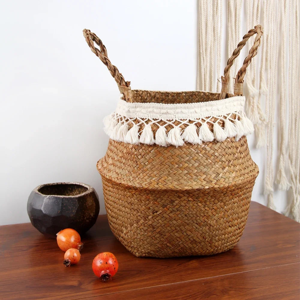 Cesta Asas de Fibras Naturales – Tejida a Mano y Plegable, Estilo Boho Nórdico Multiusos