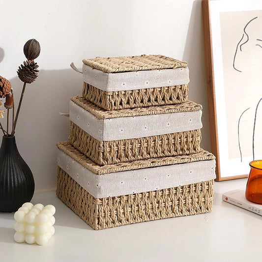 Set de 3 Cestas de Ratán Tejido – Hechas a Mano con Detalles en Tela para Almacenaje de Cosméticos, Joyas o Ropa