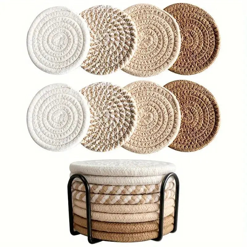 Set de 8 Posavasos de Algodón – Tejido Boho Absorbente para Mesa de Café (Estilo Minimalista y Cuqui)