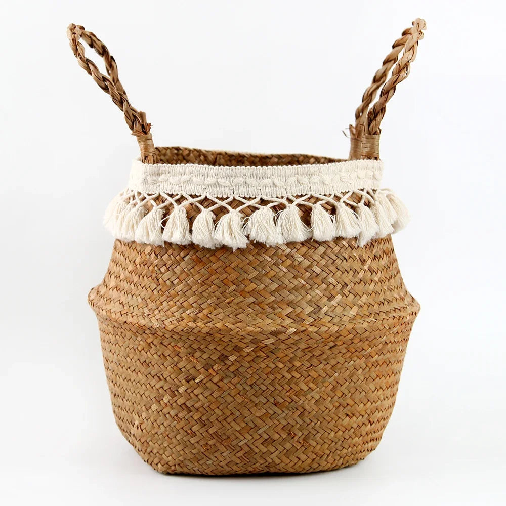 Cesta Asas de Fibras Naturales – Tejida a Mano y Plegable, Estilo Boho Nórdico Multiusos