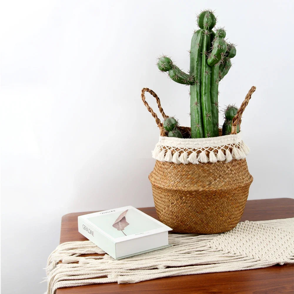 Cesta Asas de Fibras Naturales – Tejida a Mano y Plegable, Estilo Boho Nórdico Multiusos