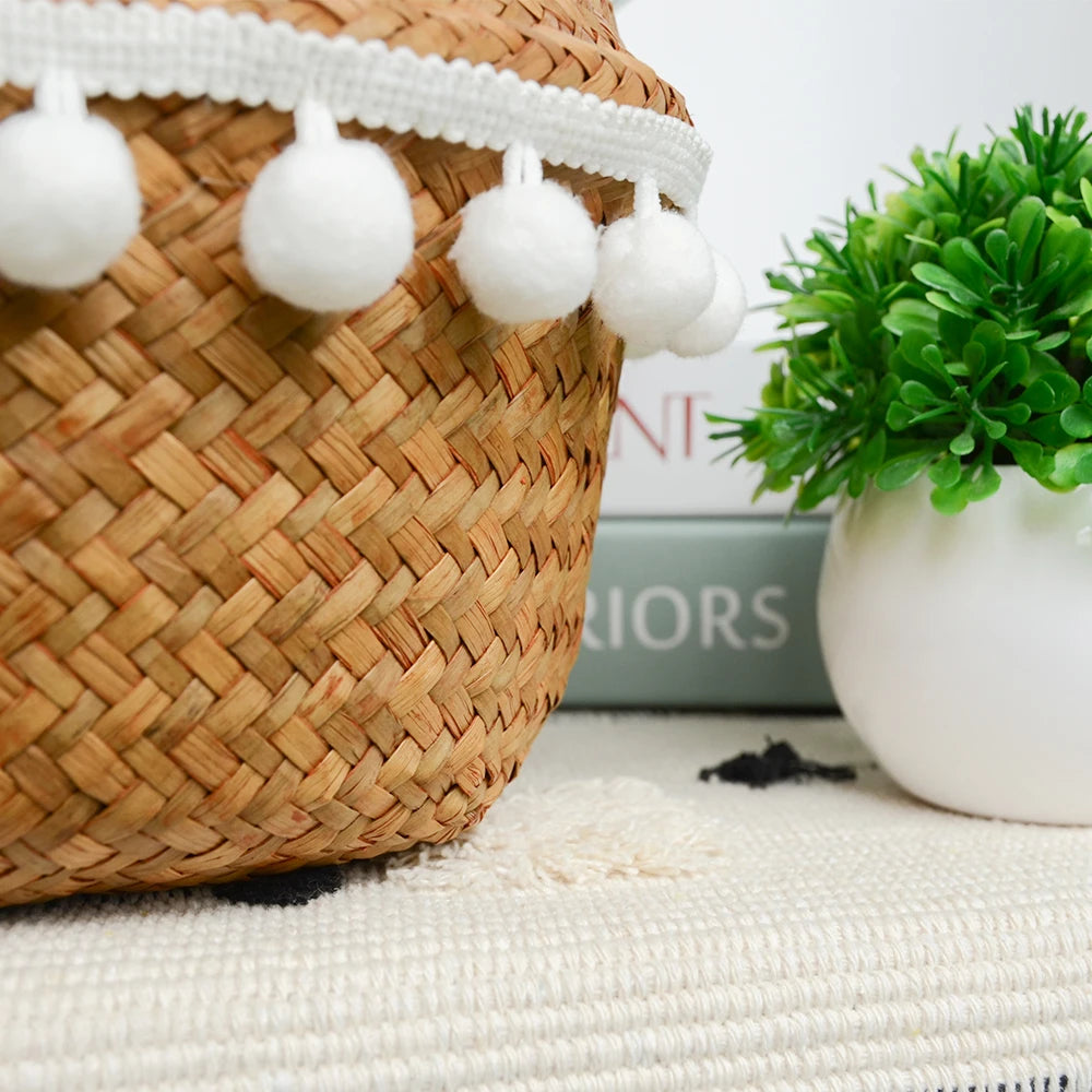 Cesta Asas de Fibras Naturales – Tejida a Mano y Plegable, Estilo Boho Nórdico Multiusos