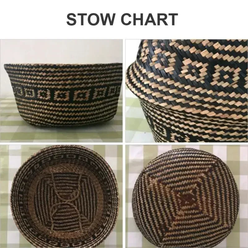 Cesta de Mimbre Plegable – Algas Marinas Hecha a Mano para Ropa o Almacenaje (Estilo Patchwork en Tonos Neutros)