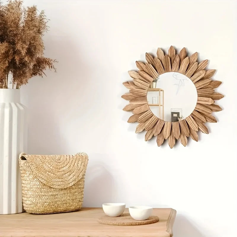Espejo Redondo de Madera para Pared – Estilo Bohemio con Diseño de Flor de Girasol (Decorativo y Funcional)