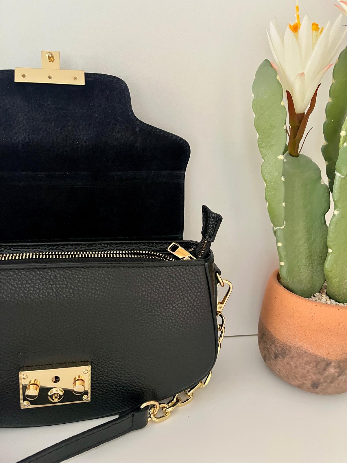 Bolso de Hombro de Piel con Solapa - Negro