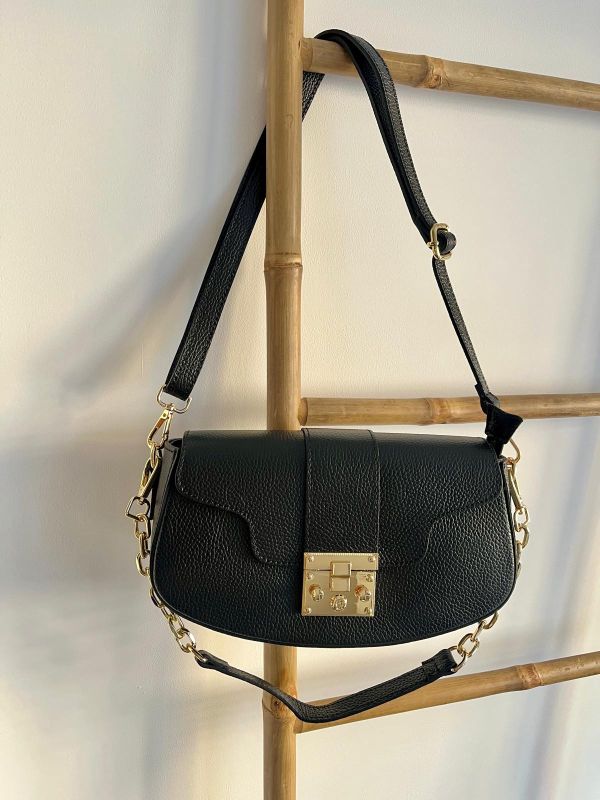 Bolso de Hombro de Piel con Solapa - Negro